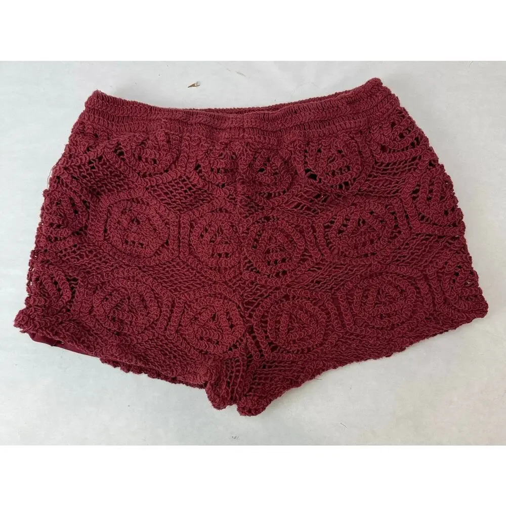 Boho Zara Crochet Shorts Burgundy Red High Waisted Cottagecore Hot Pants Medium